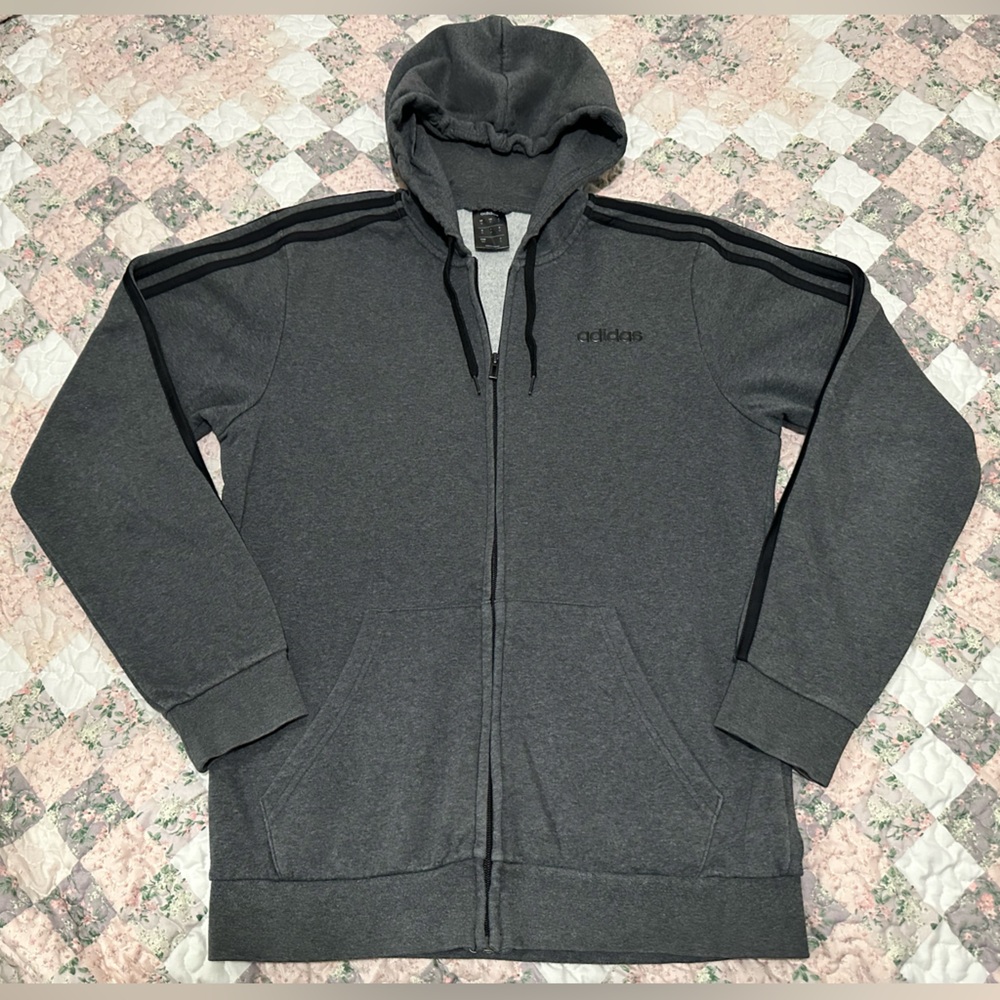 Adidas Women’s Charcoal Striped Sleeves Drawstring Zip Up Sweater Hoodie